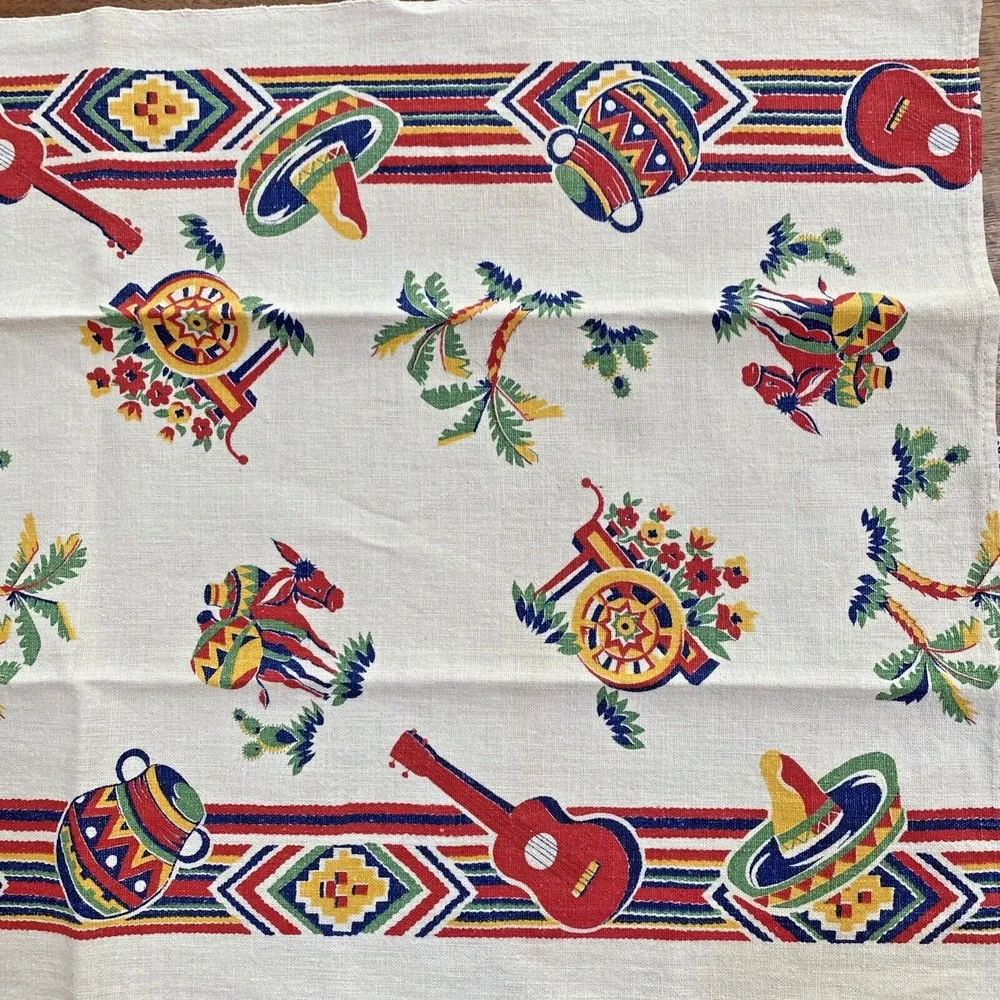 Vintage Startex Mills Cotton Linen Tea Towel Beige Red Blue Southwestern Print